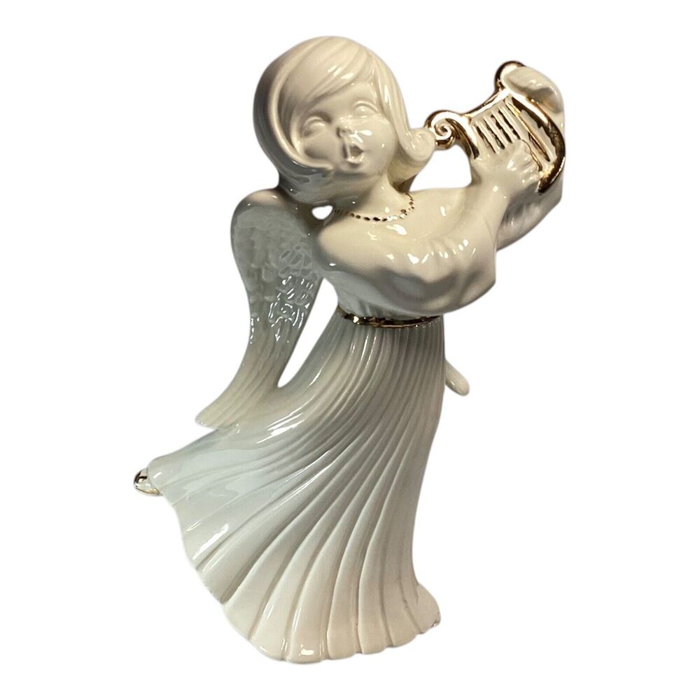 Vintage Angel With Harp Figurine White And Gold 12in 1970s